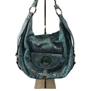 Michael Kors Fulton Teal Python Embossed Leather Hobo Shoulder Bag Gold Hardware